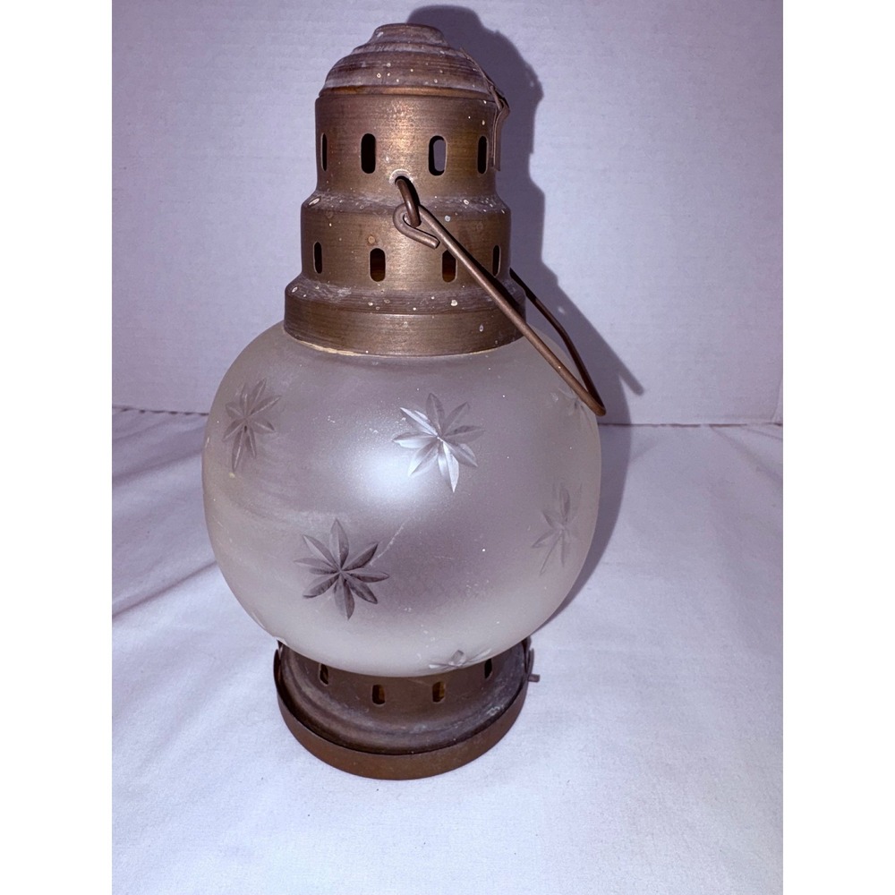 Frosted Etched Star Glass Brass Candle Lantern Hanging Tea Light Holder Vintage - Picture 4 of 14